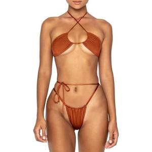 Women Cheeky Bikini Set Halter Thong Solid Color Adjustable Cinched String Two Piece Brazilian Swimsuit Triangle Bathing, M