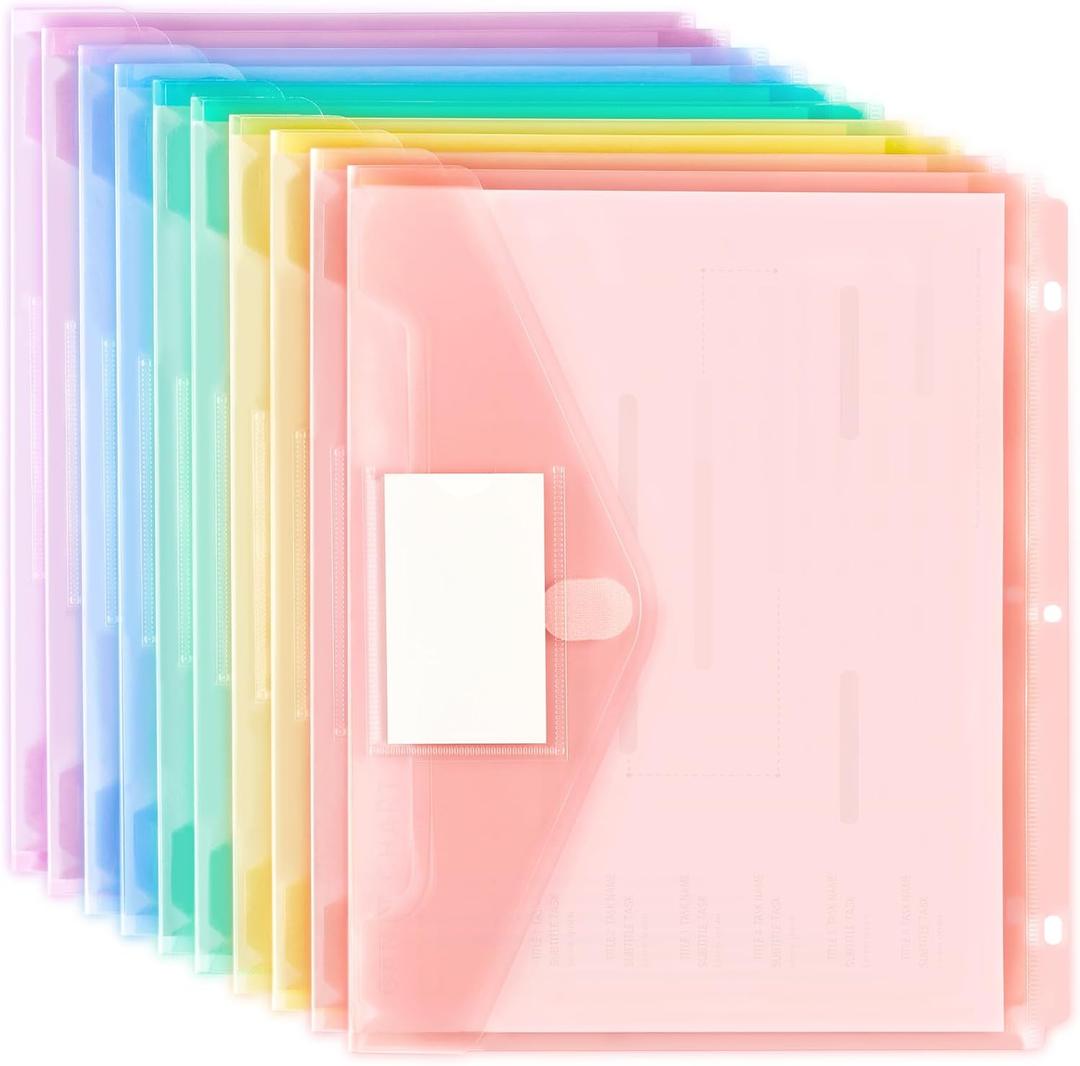 Forvencer Binder Pocket, 10 Pack Super Heavyweight Plastic Folders with Tight Closure, Binder Folders Side Loading, 3 Ring Binder Pocket, Binder Dividers with Pockets, Letter Size, Pastels Series (Fresh)