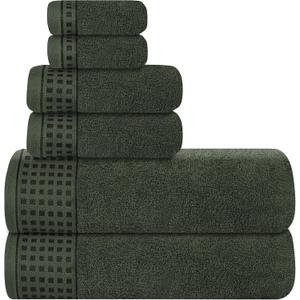 GLAMBURG 100% Cotton Ultra Soft 6 Pack Towel Set, Contains 2 Bath Towels 28x55 Inches, 2 Hand Towels 16x24 Inches & 2 Wash Coths 12x12 Inches, Compact Absorbent Lightweight & Quickdry - Olive Green