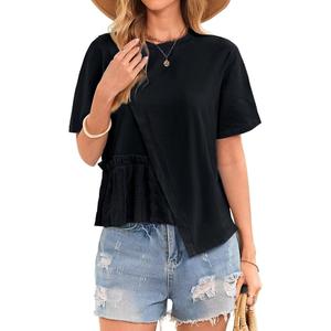 No Brand Women's Summer Tops Floral Lace Chiffon Crochet Blouses Asymmetrical Hem Short Sleeve Shirts Round Neck Trendy Tunic L, Black