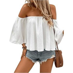 Women's Sexy Cute Off Shoulder Ruffle Hem Flowy Chiffon Blouses Top, White Small