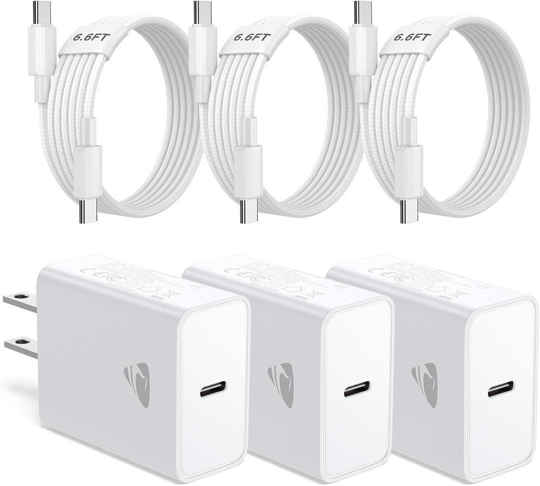 iPhone 17 Charger Fast Charging, 3Pack 20W Type C Charger USBC Block Wall Plug C Port Cargador Brick for iPhone 17/17 Pro/17 Pro Max/Air/16 Plus/15/16e iPad Air Pro Mini with 6FT USB C to USB C Cord (White)