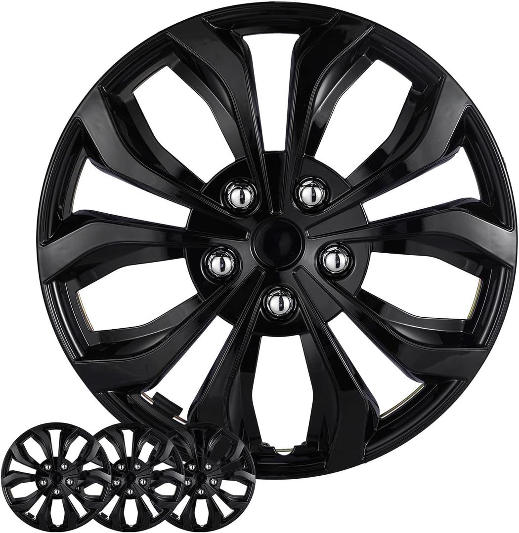 15 Inch Universal Hubcaps, Glossy Black Wheel Covers, Set of 4