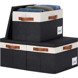 GhvyenntteS Large Storage Bins with Lids (3 Pack), Storage Baskets with Lid and Label Window, Foldable Fabric Storage Boxes with 3 Handles for Home Office College Dorms (Black, 15" x 11" x 9.7")
