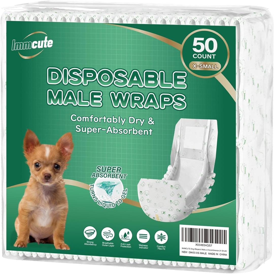 IMMCUTE Dog Diapers Male 50 Ct, XS Size, Super-Absorbent Male Dog Wraps Disposable Doggie Diapers with Wetness Indicator, Puppy Diapers Male for Marking, Excitable Urination