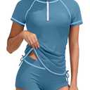 TyeSmo Girls Swimsuits Size 10-12 Rash Guard Swimsuit 2 Piece Girls Bathing Suits Size 10-12 Short Sleeve Solid Color Swimsuit for Girl 10 12 UPF 50+ Sun Protection Zip Padded Swimwear with Shorts 11-12Y