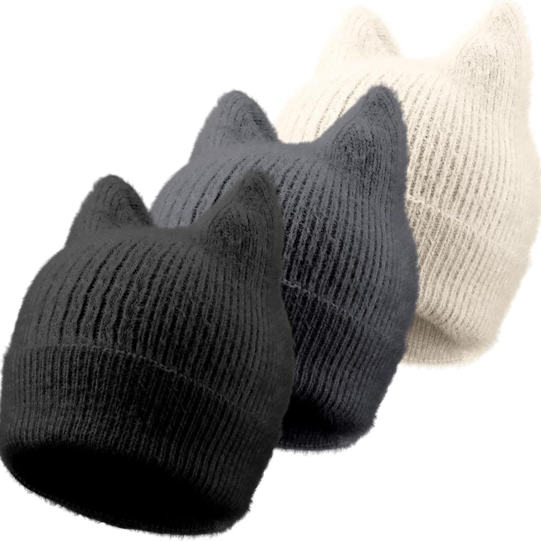 3 Pack Winter Cat Ear Knit Beanie Hats for Women, Soft Warm Slouchy Beanies, Stretchy Cuffed Caps for Adults