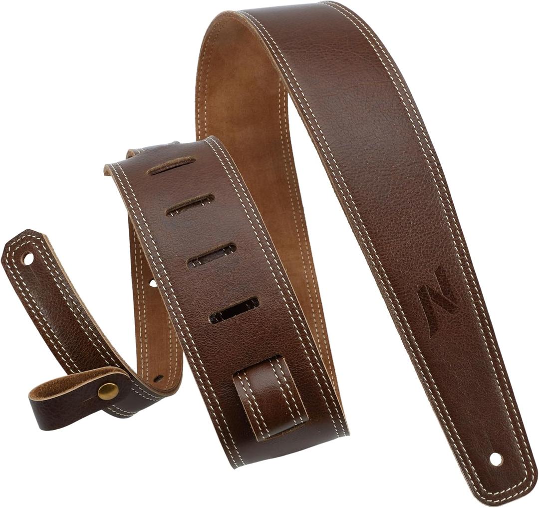 Nefelibata Guitar Strap, 2.5" Wide Full Grain Leather Guitar Straps with Foam Padding and Cable Storage Loop, for Kids, Men and Women, for Acoustic, Bass and Electric Guitars - Vintage Brown