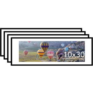 JCJMY 10x30 Picture Frame with 8x24 Mat Set of 4, Display Photo 8x24 with Mat or 10 x 30 Without Mat, Wall Hanging Large 10 by 30 Poster Frame with Plexiglass, 4 Pack, Black