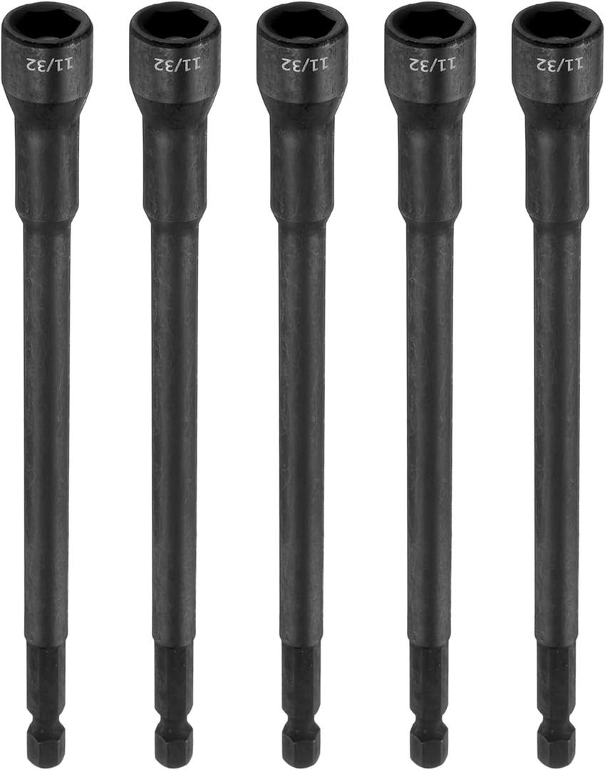 uxcell 5pcs Hex Nut Driver Drill Bit 11/32" 6-Point Socket 1/4" Hex Shank Magnetic Setter CR-V Steel Bolt Sockets for Power Drills Impact Drivers, 5.91" (150mm) Long