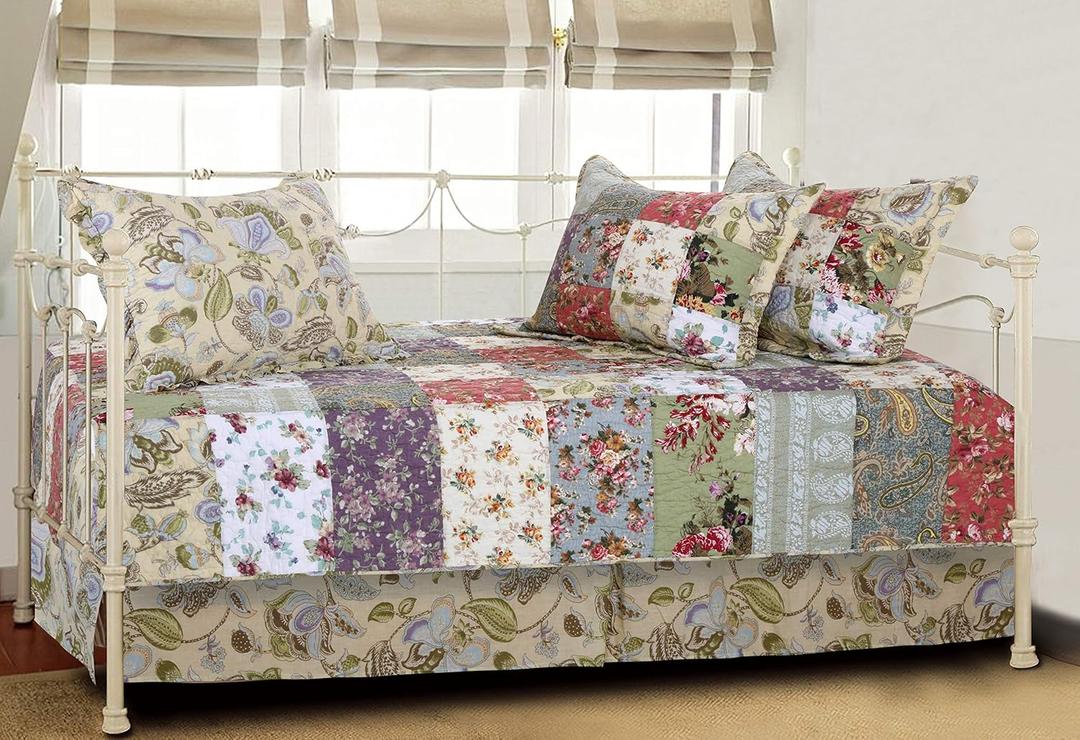 Greenland Home Fashions 100% Cotton Authentic Patchwork Quilted Daybed Set, 5 Piece, Blooming Prairie