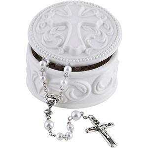 White Porcelain Cross Rosary Jewelry Box, 2 3/4 Inch