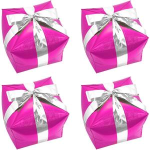 Pink Lovely Christmas Cube Gift Box Shape Party Balloon With Sliver Ribbon, Square Present Gift Box Cube Mylar Xmas Decoration Balloons For New Year Birthday Baby Shower Wedding Party Supplies