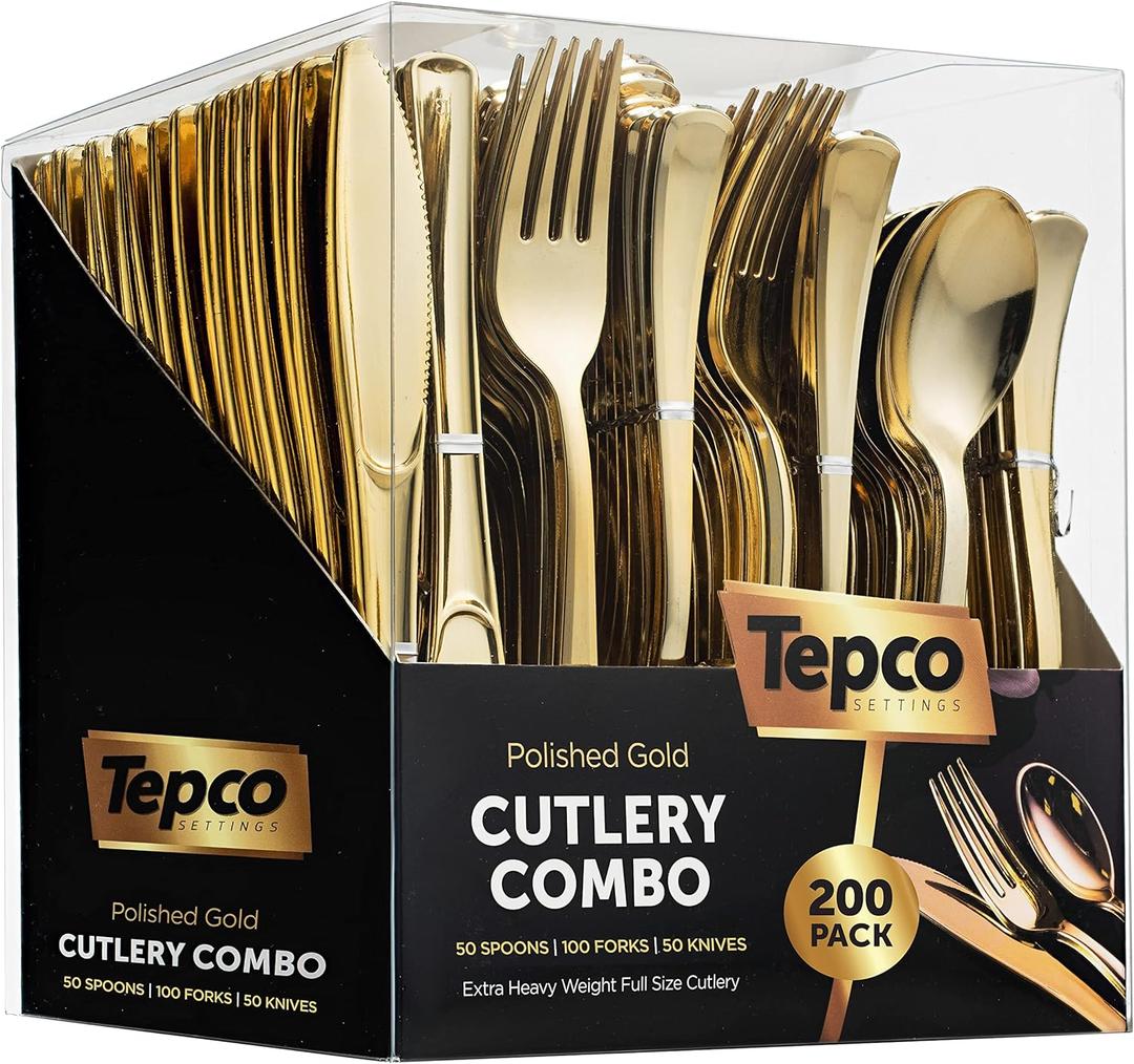 200-Piece Gold Plastic Cutlery Set - Disposable Gold Flatware - 100 Forks, 50 Spoons, 50 Heavy Duty Knives for Party Bulk