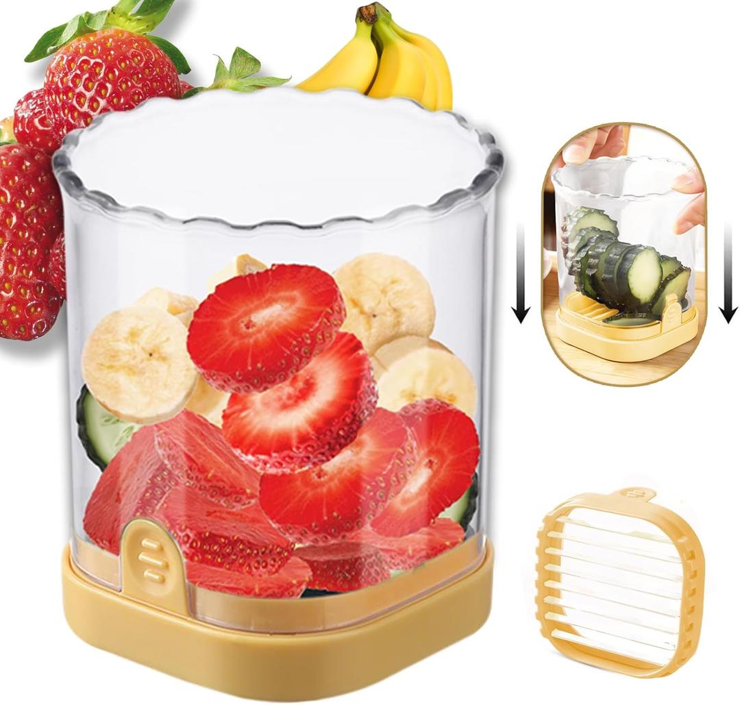 NOVANO Strawberry Slicer with Stainless Blades | Egg & Fruit Slicer Cup for Banana, Cucumber, Mushroom | ABS Detachable Kitchen Gadget - Precision Berry Cutter Tool (Yellow, 1-Pack)