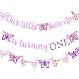 Our Little Butterfly is Turning One Banner Pink Glitter Butterfly 1st Birthday Banner for Spring Butterfly Girls One Year Old Birthday Baby Shower Party Supplies Decorations