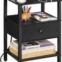 Lerliuo Nightstand with Charging Station and USB Ports, 3-Tier Storage End Table with Drawer Shelf, Night Stand for Small Spaces, Wood Bed Side Table for Living Room, Bedroom - Classic Black (set 1)