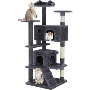 Cat Tree 54 Inch, Multi-Level Cat Tower with Condo, Perches, Sisal Scratching Posts and Climbing Ladder, Pet Play Toy Balls House for Indoor Cats, Dark Grey