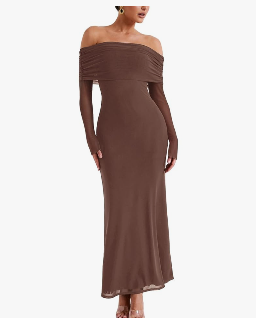 REORIA Women Off Shoulder Long Sleeve Dress Elegant Sexy Stretch Mesh Double Lined Slim Trendy Long Dresses XL