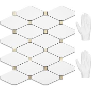 STICKGOO 10 Sheets Peel and Stick Backsplash, Pure White Marble Look PVC Mixed Metal Gold Kitchen Backsplash, Stick on Backsplash Wall Tiles for Kitchen, Bathroom, RV