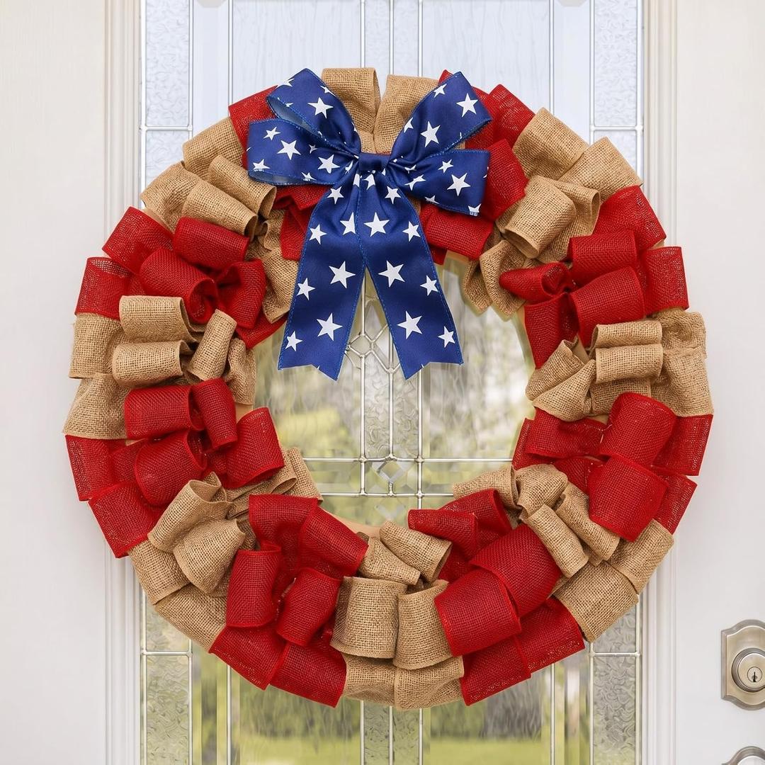 Dingion 20 Inch Patriotic Burlap Wreath for Front Door 4th of July Red White and Blue American Flag Mesh Wreath with Star Bow, Rustic 250th Anniversary Memorial Day Decoration for Farmhouse Home Porch