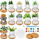 Hushee 12 Sets Ceramic Succulent Planters Paintable Succulent Plant Pots Small DIY Figurines Unpainted Pots with Drainage Hole Color Paints Paintbrushes Palettes (Animal)