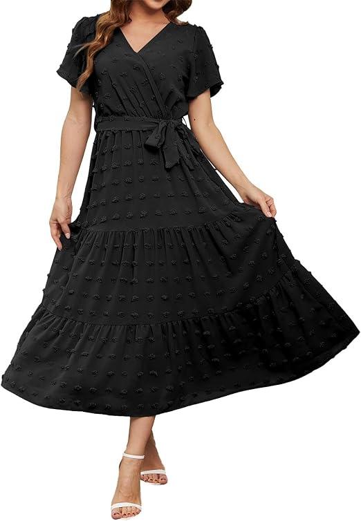 Women's Polka Dot Long Dress V Neck Flowing Short Sleeved Solid Color Lace Up A Line Dress Swing Party M