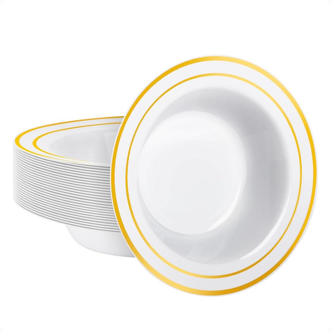 Goodluck 25 Pack Plastic Bowls with Gold Rim, 12oz Disposable Soup Bowls, Heavy Duty Dessert Bowls for Weddings, Parties, Dinners, Catering, Thanksgiving and Everyday Use