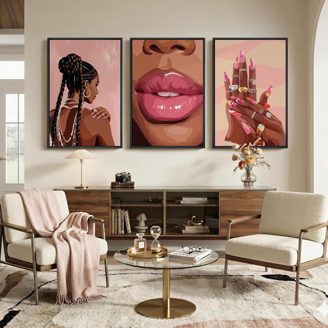 Large Framed Pink African American Black Girl Canvas Wall Art, 3 Piece, 24"W x 36"H x 3 Pieces