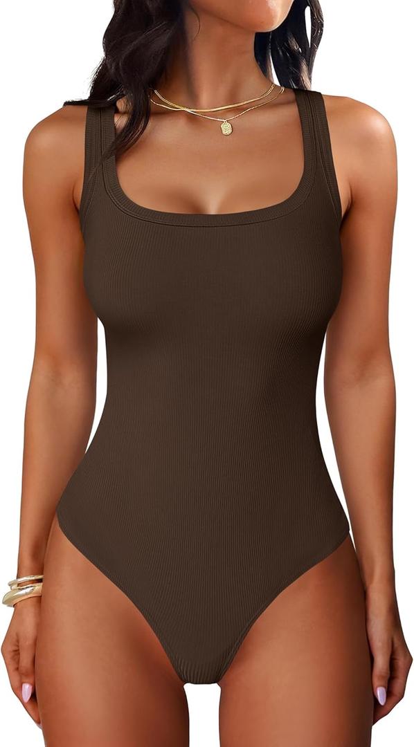 ANRABESS Bodysuits for Women, Soft Cozy Ribbed Knit, Scoop Neck Sleeveless Tank Top, Versatile for Daily, Work, Travel, Brown S