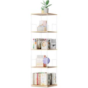 360 Rotating Bookshelf, 4-Tier Spinning Book Shelf Tower with Solid Wood & Clear Acrylic, Square Revolving Bookcase for Living Room, Bedroom and Office