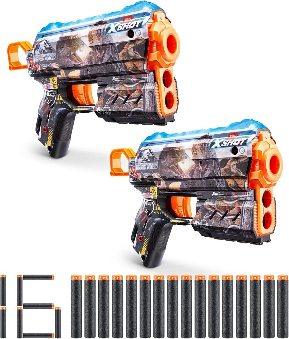 XSHOT Skins Flux Blaster - Jurassic World Skins (2PK) by ZURU Jurrasic World Skin Design with 16 Darts, Easy Reload, Air Pocket Dart Technology, Toy Foam Blaster for Kids, Teens and Adults
