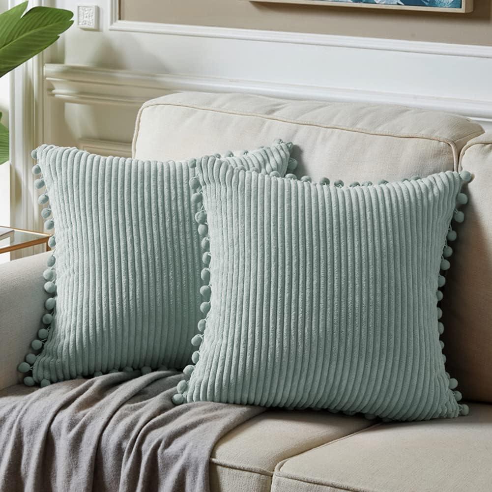 Fancy Homi Pack of 2 Farmhouse Decorative Throw Pillow Covers with Pom-poms, Soft Corduroy Solid Square Cushion Cases Set for Couch Sofa Bedroom Car Living Room (18x18 Inch/45x45 cm, Grey Blue)