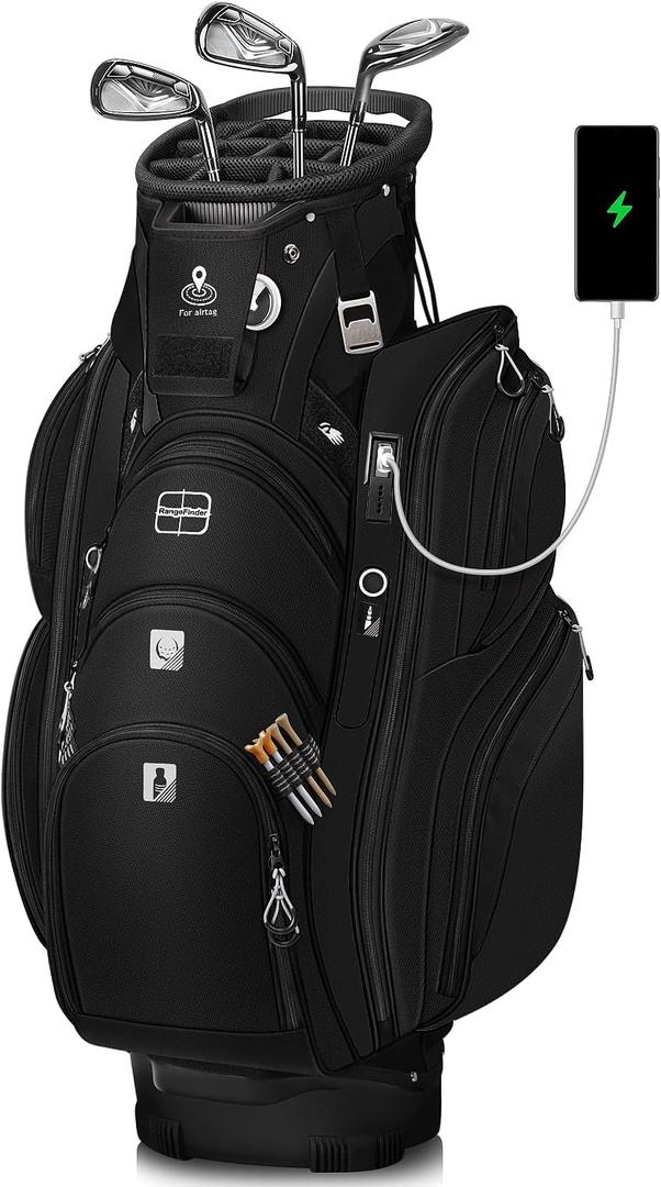 Vancropak Golf Cart Bag, Golf Gifts for Men with 15 Way Divider Top, USB Charging Port, Waterproof Protective Rain Cover, Shoe Compartment, Cooler Pocket, Tracker Slot, Umbrella Holder, Golfer Gifts