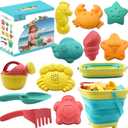 Beach Toys for Kids - Sand Toys Set Includes Collapsible Sand Bucket Shovel and Sand Rake Toy for Beach 12 PCS, Sandbox Toys Sandcastle Building Kit (A)