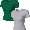 OQQ Women Short Sleeve 2 Piece T-Shirts Crew Neck Fitted Basic Tee 2025 Summer Crop Top Jungle Green Grey, M