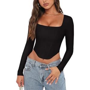 REORIA Womens Sexy Square Neck Long Sleeve Backless Going Out Boned Bustier Corset Crop Tops XL