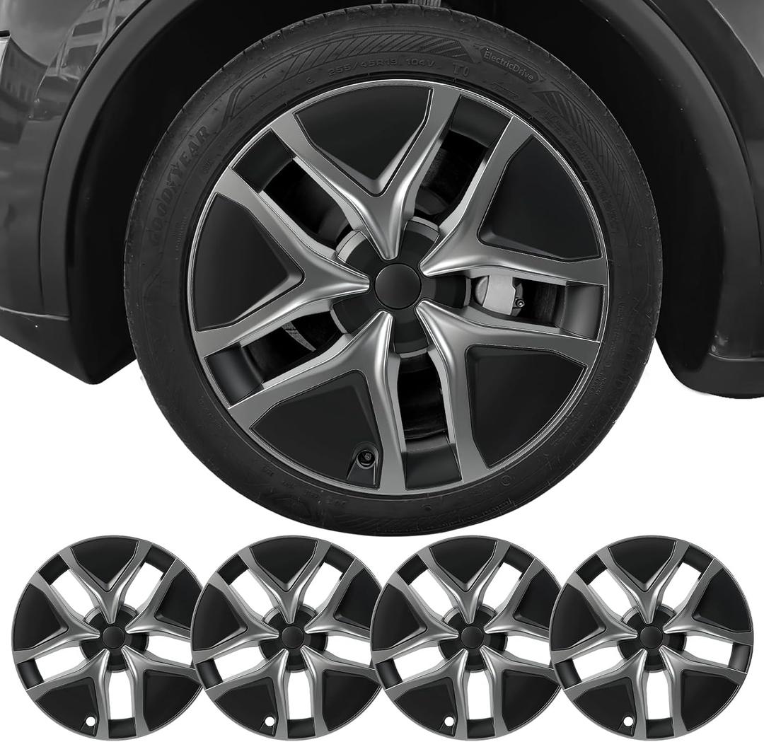 Tesla Model Y Juniper 19 Inch 4 Pcs Wheel Covers - Matte Black ABS Hubcaps with Rim Protectors | Replacement Compatible with 2025 2026 Model Y Juniper, not Compatible with Tesla Y 2021-2024