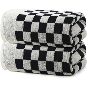REDKISS 2 Piece Large Black and White Bath Towels Set - 27x55 Highly Absorbent 600GSM Cotton Checkered Towels for Bathroom Decoration, Retro Checkered Design
