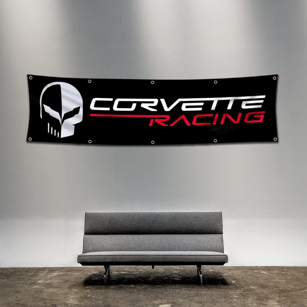 Banner Flag Compatible With Corvette Skull For Fans (2x8ft ,Heavy Duty, Durable 150D Polyester) Brass Grommets Flag For Outdoor Garage Man Cave