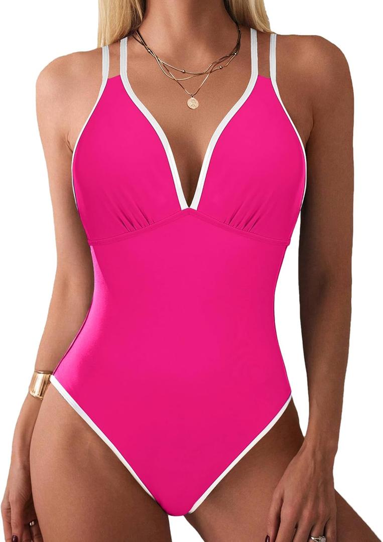 AI'MAGE Womens Swimsuit One Piece Tummy Control Bathing Suit V Neck Push Up Double Straps Slimming Swimwear XS-XXL (Small, Rose)