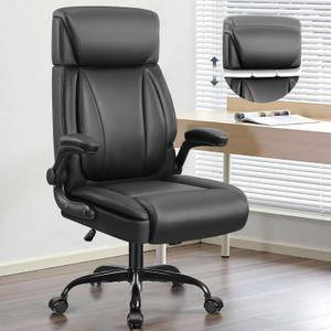 Leather Office Chair, Big and Tall Office Chair Executive Breathable PU Computer Chairs with Lumbar Support, High Back Home Desk Chairs with Flip-up Armrests, Adjustable Headrest (Black)