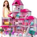 Villa Playset for Girls Ages 3-7, Indoor Playset Girls Toys for Ages 6-8 with 4 Storeys 11 Rooms 2 Dolls, Furniture and Accessories, Pretend Toddler Toy, Birthday Gifts for Kids 3 4 5 6 7 8