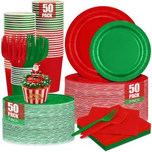 Red and Green Christmas Paper Plates and Napkins Party Supplies, Include 9 Disposable Red Paper Plate, 7 Dessert Green Plates and Cups and Napkins Forks Set for Christmas, Serves 50