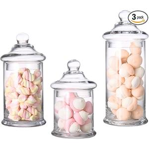 Set of 3 Apothecary Jars Glass, Apothecary Jars with Lids Bathroom, Clear Candy Jar Set, Decorative Jar for Party, Wedding and Home Decor (Height: 11", 8.5", 7.5"; Diameter: 5")
