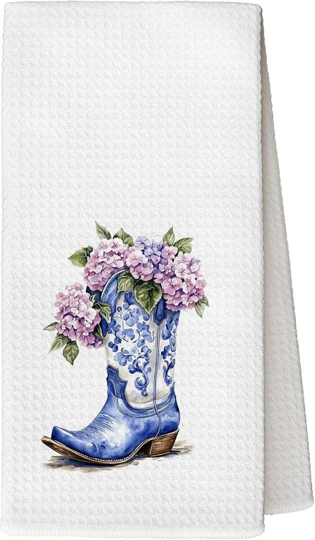 Chinoiserie Western Kitchen Towels, Hydrangea Floral Chinoiserie Cowgirl Boots Decorative Tea and Dish Towels, Cowgirl Gifts for Women, Western Hand Towels for Bathroom, 16x24 Inch