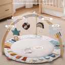 Blissful Diary Baby Play Gym & Activity Mat, 5 Developmental Zones Wooden Tummy Time Mat with 5 Detachable Sensory Toys for Motor Skills & Sensory Development, Baby Essentials Shower Gift (Gray Round)