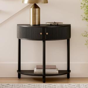 Stead Entryway Table Fluted Half Moon Console - Semicircular, Black Oak Veneer - Hidden Storage with Two Fluted Doors & Brass Knobs - Modern Narrow Console Table for Living Room & Hallway