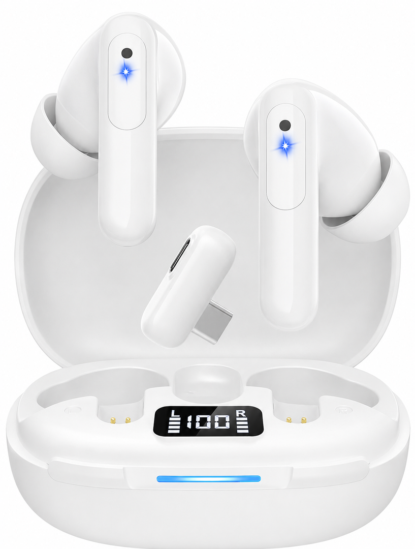 RYR Wireless Gaming Earbuds, 20ms Low Latency, Gaming Earbuds with Noise Cancelling Mic, 2.4Ghz & Bluetooth, LED Display, 36H Playtime for Meta Quest 3/2, PS5, PS4, VR, Switch, Steam Deck, PC, Phone, White