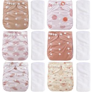 12 Set Reusable Adjustable Cloth Diapers for Newborn to 0-3 Years, One Size Washable Pocket Nappy Covers for Baby Girl and Boy, 6 Pack Cloth Diapers+6pcs Microfiber Inserts(Pink)